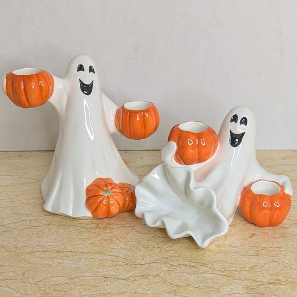 Vintage Other - Vintage Fitz & Floyd Halloween Pair Ceramic Candle Holder Ghost Pumpkin Figurine